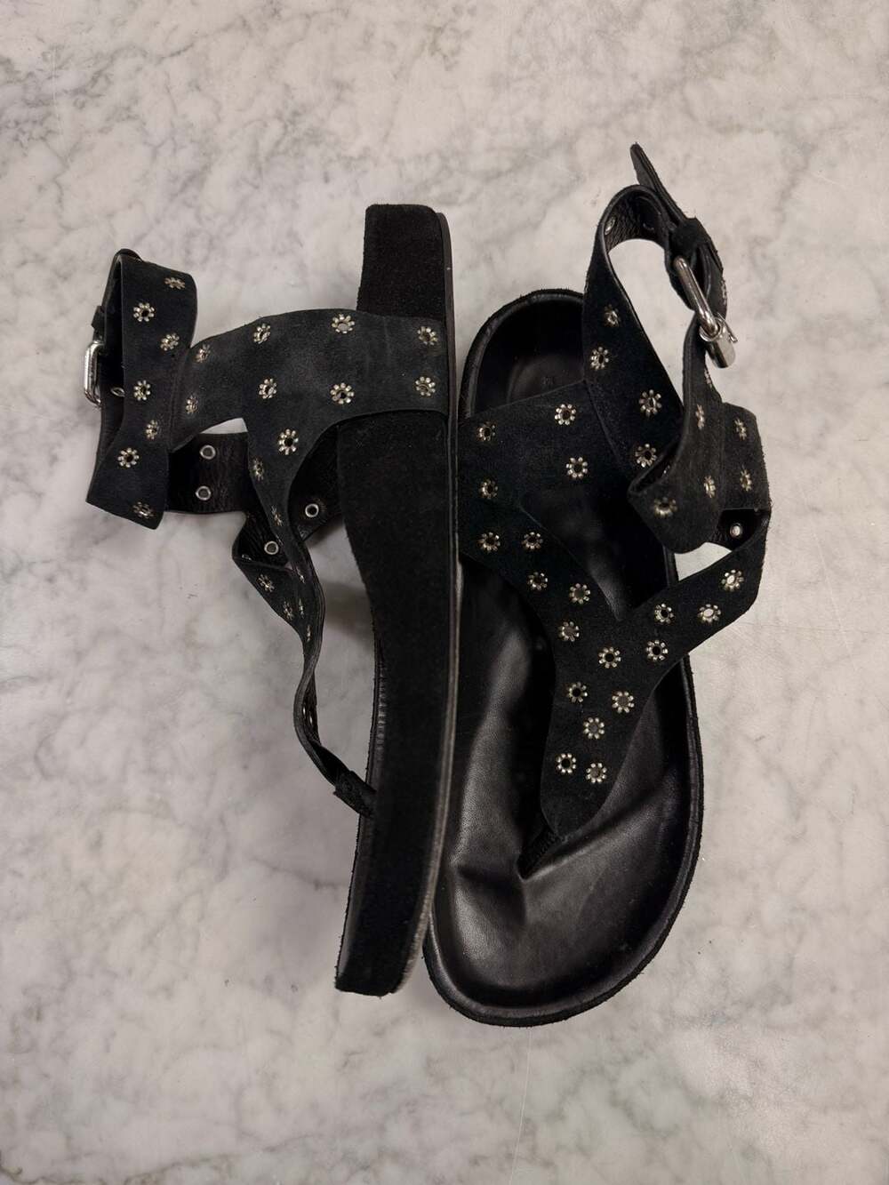 Isabel Marant Black Suede Elwina Eyelet Studded Ankle Strap Sandals - Picture 3 of 8